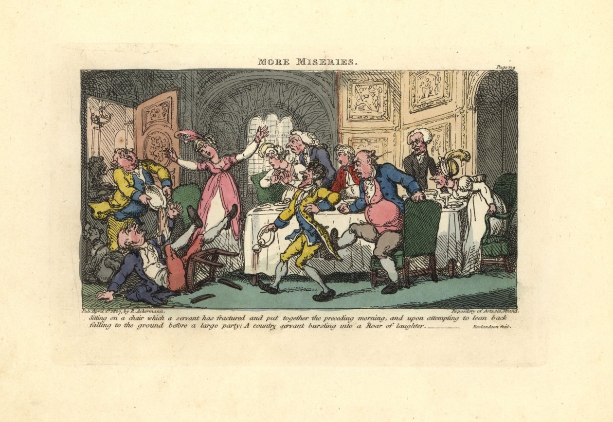 Mann fällt von einem kaputten Stuhl bei einer Dinnerparty von Thomas Rowlandson