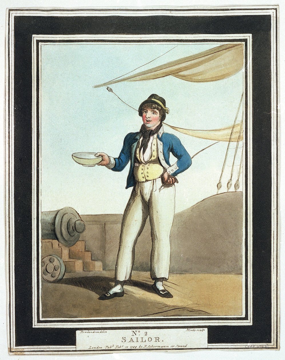 Matrose zur Zeit von Horatio Nelson (1758-1805), der verschiedenen Aufgaben nach seinen Fähigkeiten zugewiesen wurde, einige arbeiteten auf den Masten, andere auf dem Oberdeck, verantwortlich für den Anker, wieder andere waren Teil des Kanonierteams von Thomas Rowlandson