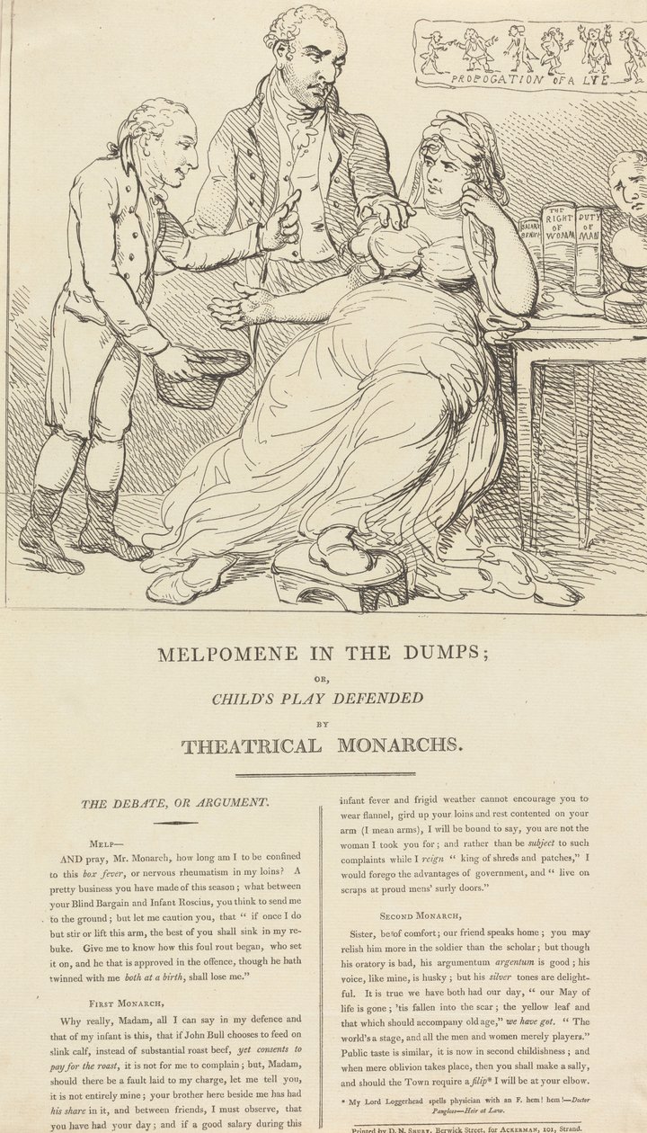 Melpomene in den Düsternissen; oder, Kinderspiel verteidigt von Theatralischen Monarchen von Thomas Rowlandson