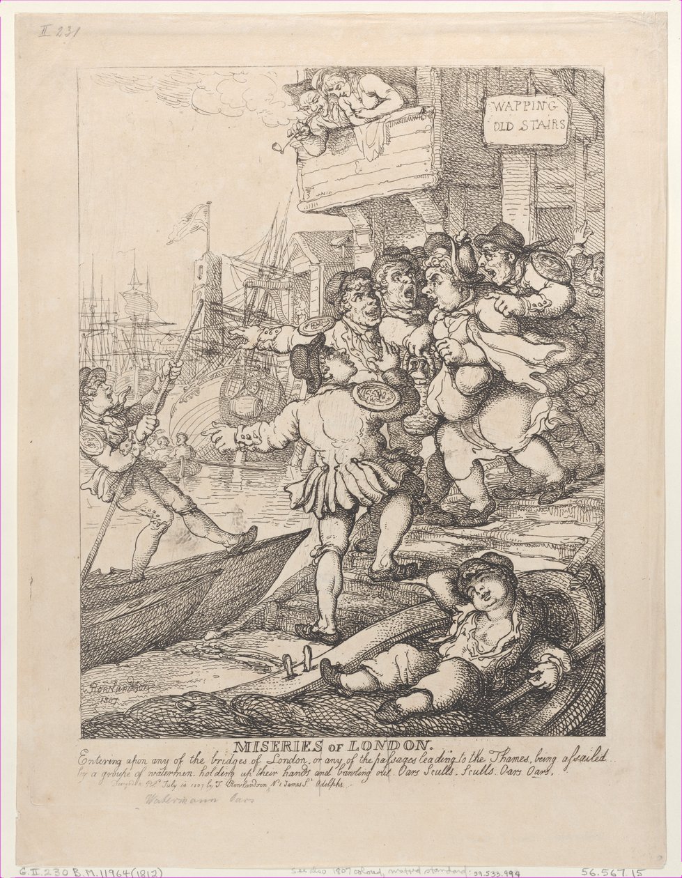 Elend von London: Betreten einer der Brücken von London oder einer der Passagen von Thomas Rowlandson