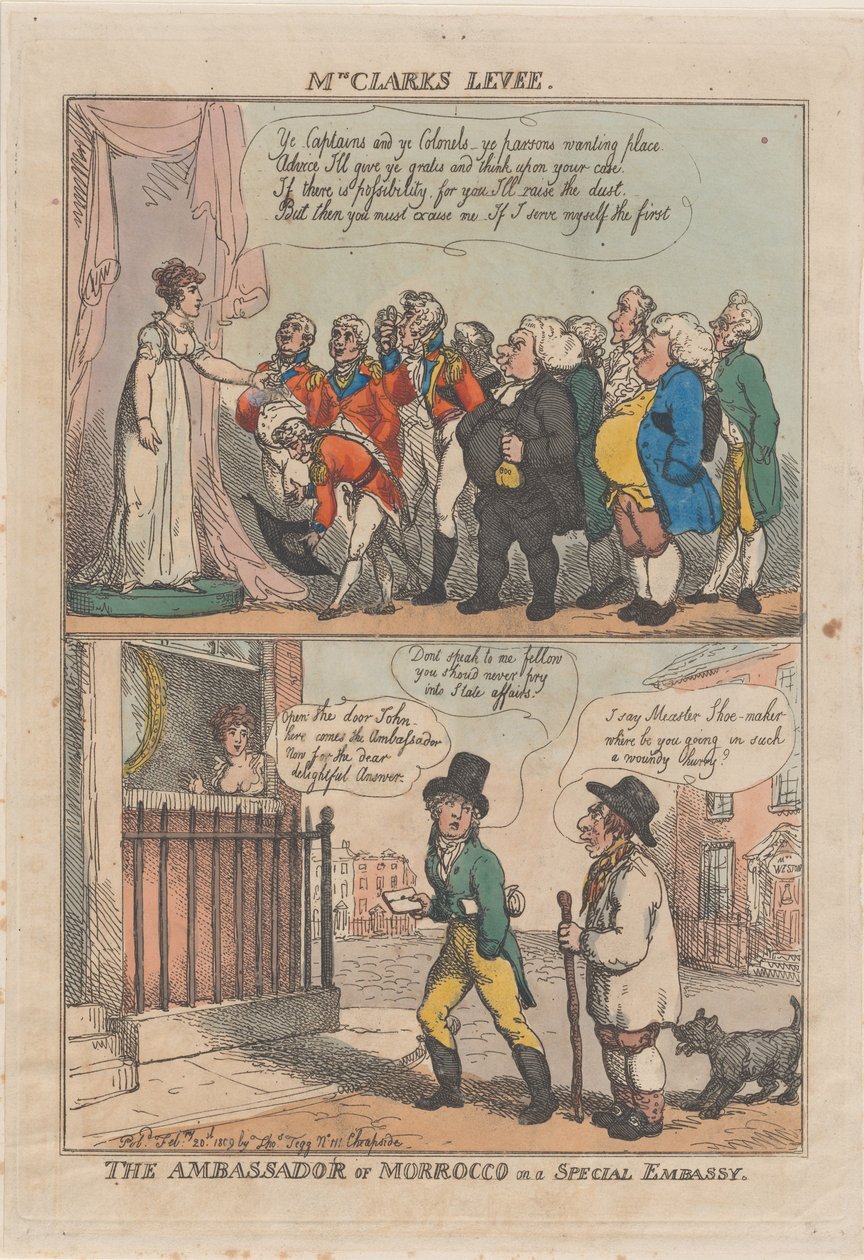 Mrs Clarks Empfang. Der Botschafter von Marokko auf einer Sonderbotschaft, 20. Februar 1809 von Thomas Rowlandson
