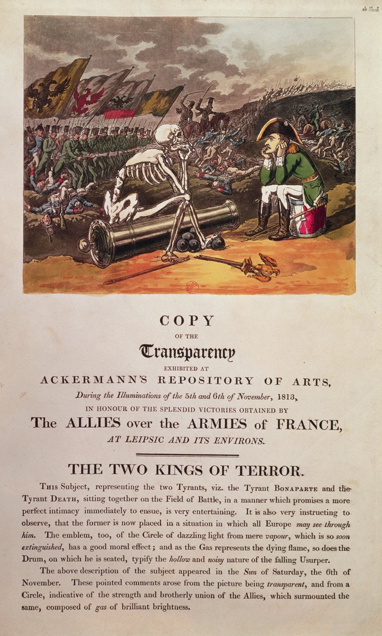 Napoleon und der Tod sitzen zusammen auf dem Schlachtfeld bei Leipzig von Thomas Rowlandson