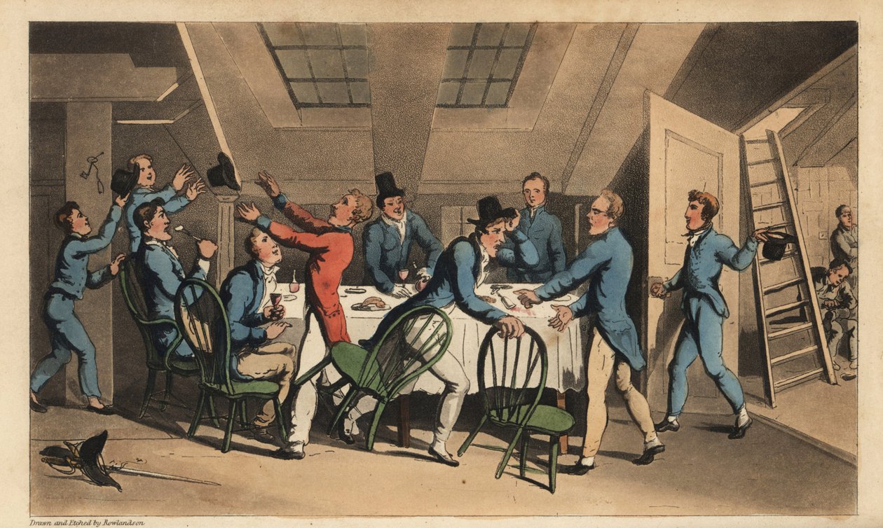 Offiziere und Seekadetten feiern die Nachricht, dass der Kapitän das Schiff verlassen hat. Handkolorierte Kupferstichgravur von W. Read nach einer Illustration von Thomas Rowlandson aus Alfred Burtons The Adventures of Johnny Newcombe in the Navy, Simpkin, von Thomas Rowlandson