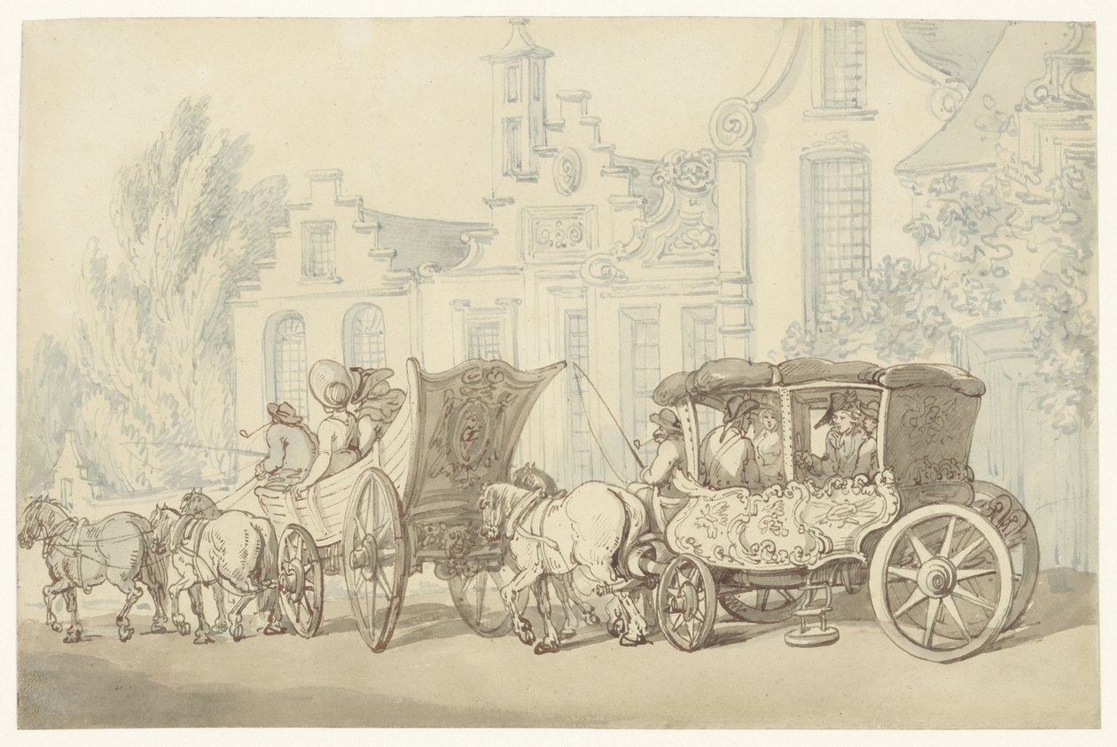 Offener Reisewagen und Kutsche in einer quasi-holländischen Straße von Thomas Rowlandson