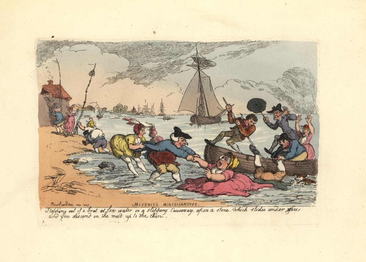 Passagiere rutschen und fallen in den Fluss-Schlamm von Thomas Rowlandson