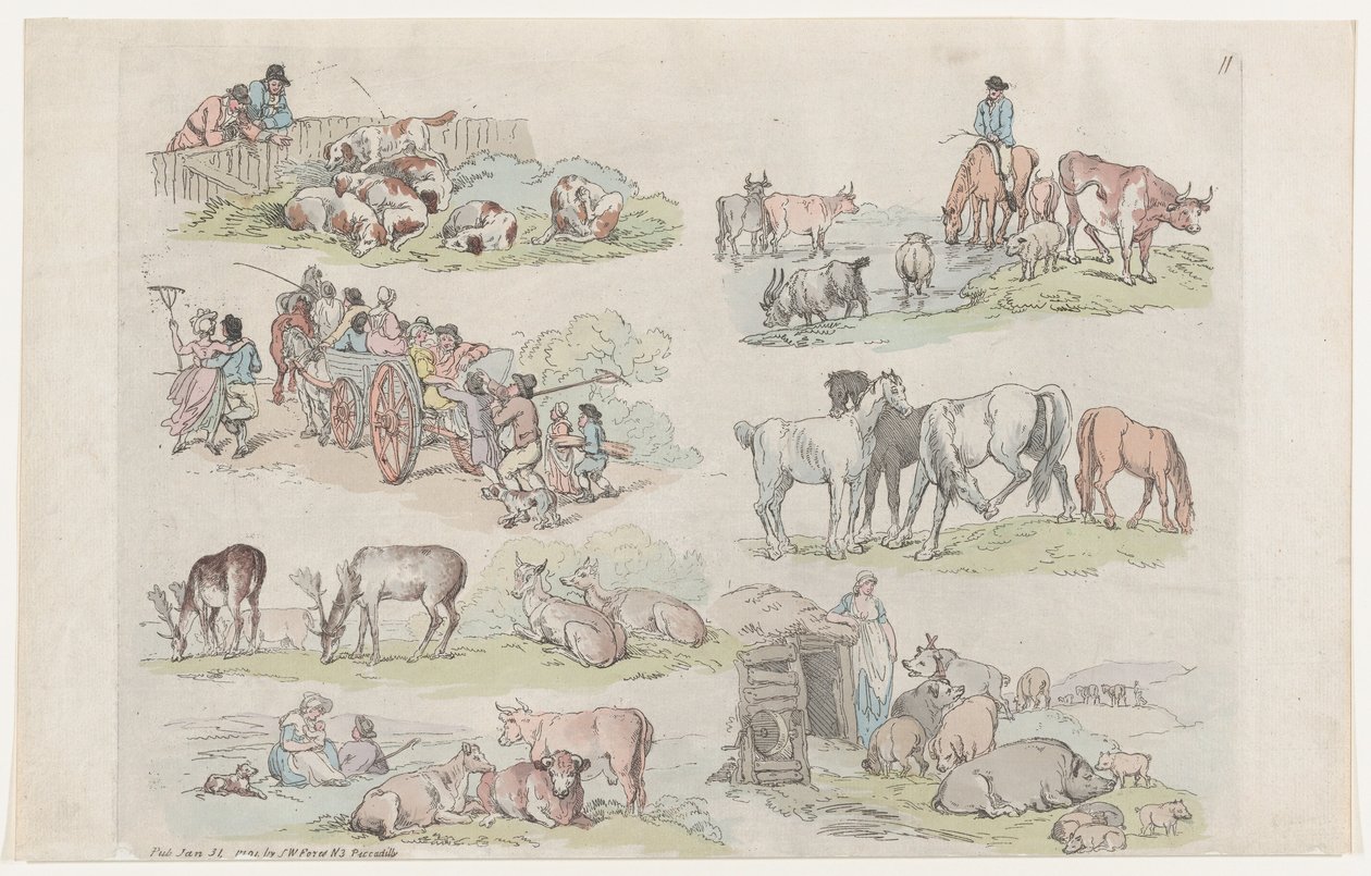 Tafel 11, Umrisse von Figuren, Landschaften und Vieh... für Lernende..., 31. Januar 1791 von Thomas Rowlandson