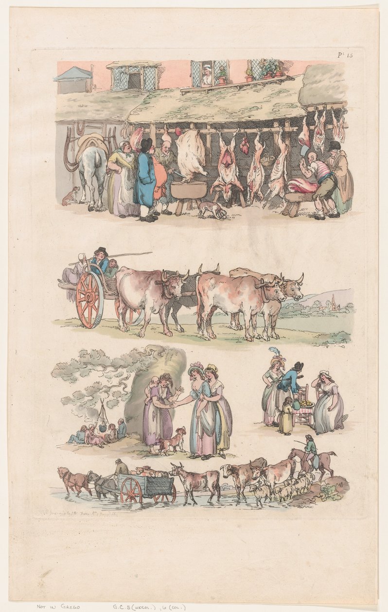 Tafel 15, Umrisse von Figuren, Landschaften und Vieh...für Lernende von Thomas Rowlandson
