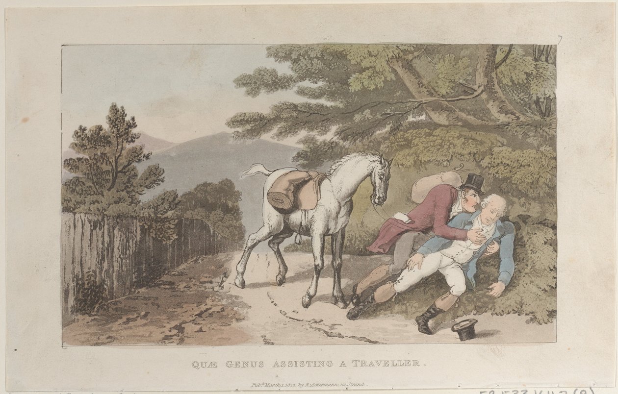 Quae Genus hilft einem Reisenden, aus der Geschichte von Johnny Quae Genus, 1. März 1822 von Thomas Rowlandson