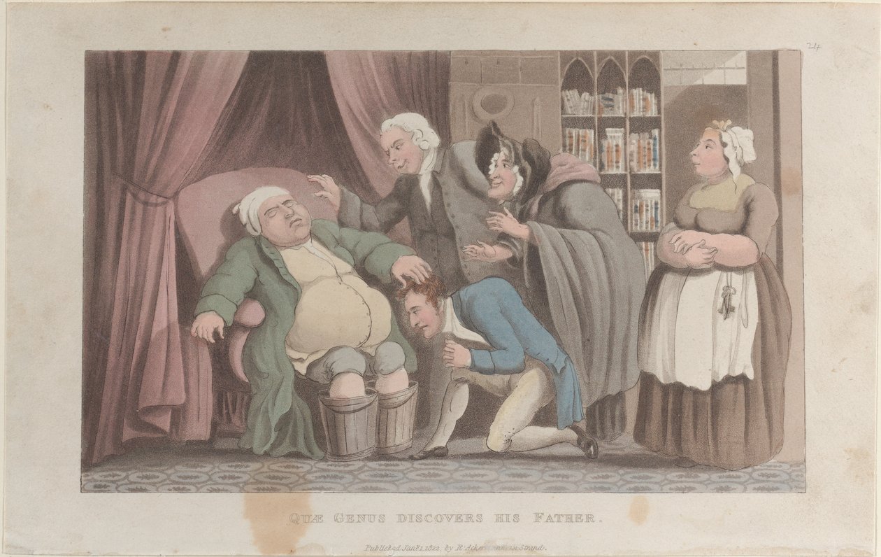 Quae Genus entdeckt seinen Vater, aus der Geschichte von Johnny Quae Genus, 1. Januar 1822 von Thomas Rowlandson