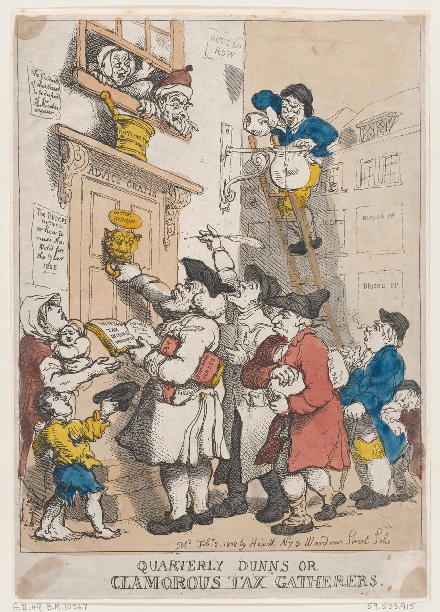 Vierteljährliche Mahnungen, oder Lärmende Steuereintreiber, 3. Februar 1805 von Thomas Rowlandson