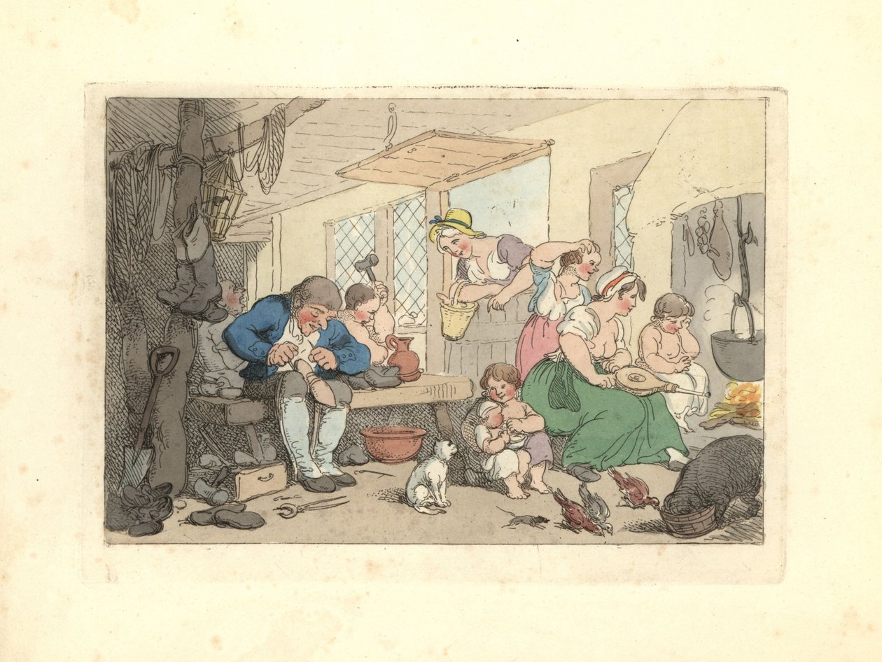Schuster aus der Regency-Zeit, der in einem überfüllten Raum Schuhe repariert von Thomas Rowlandson