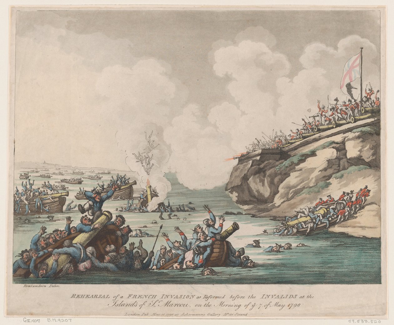 Probe einer französischen Invasion, aufgeführt vor den Invaliden auf den Inseln..., 18. Mai 1798 von Thomas Rowlandson