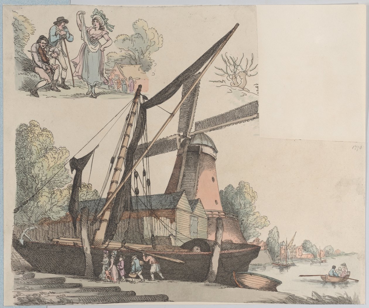 Flusslandschaft mit Windmühle aus Platte 9, Umrisse von Figuren, Landschaften und C..., 20. Januar 1791 von Thomas Rowlandson
