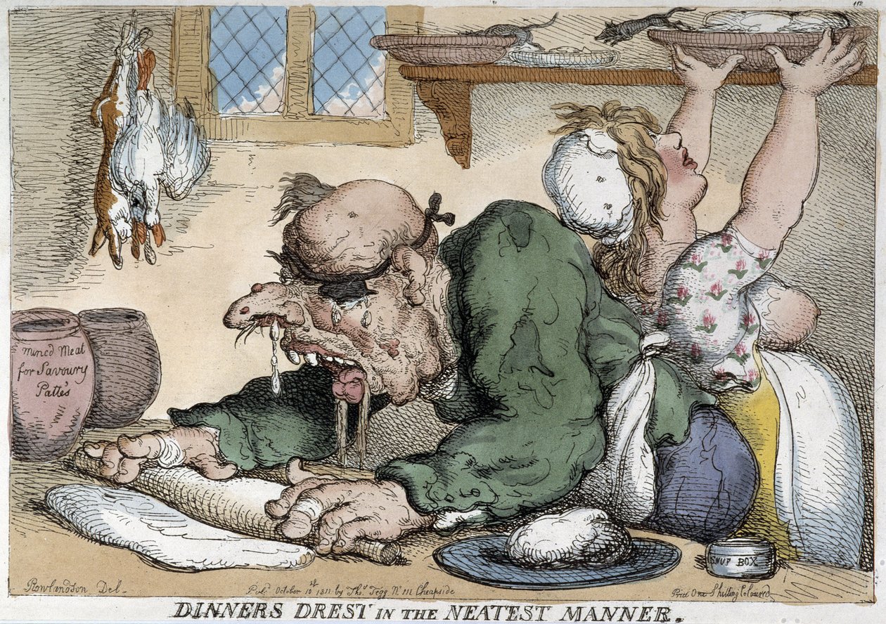 Kranker Mann bereitet das Essen zu - Karikatur von Rowlandson von Thomas Rowlandson