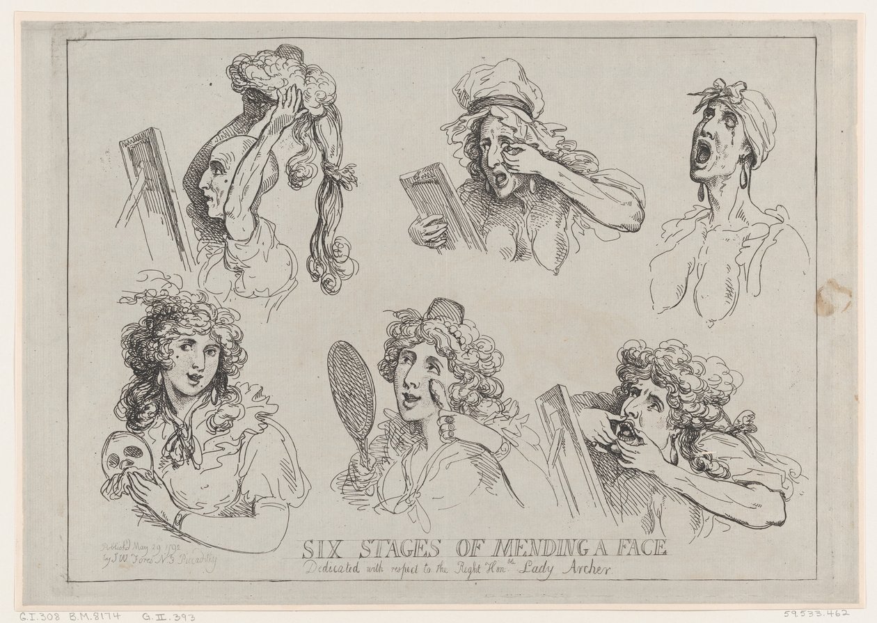 Sechs Stufen der Gesichtskorrektur, gewidmet mit Respekt an die ehrenwerte Lady Ar..., 29. Mai 1792 von Thomas Rowlandson