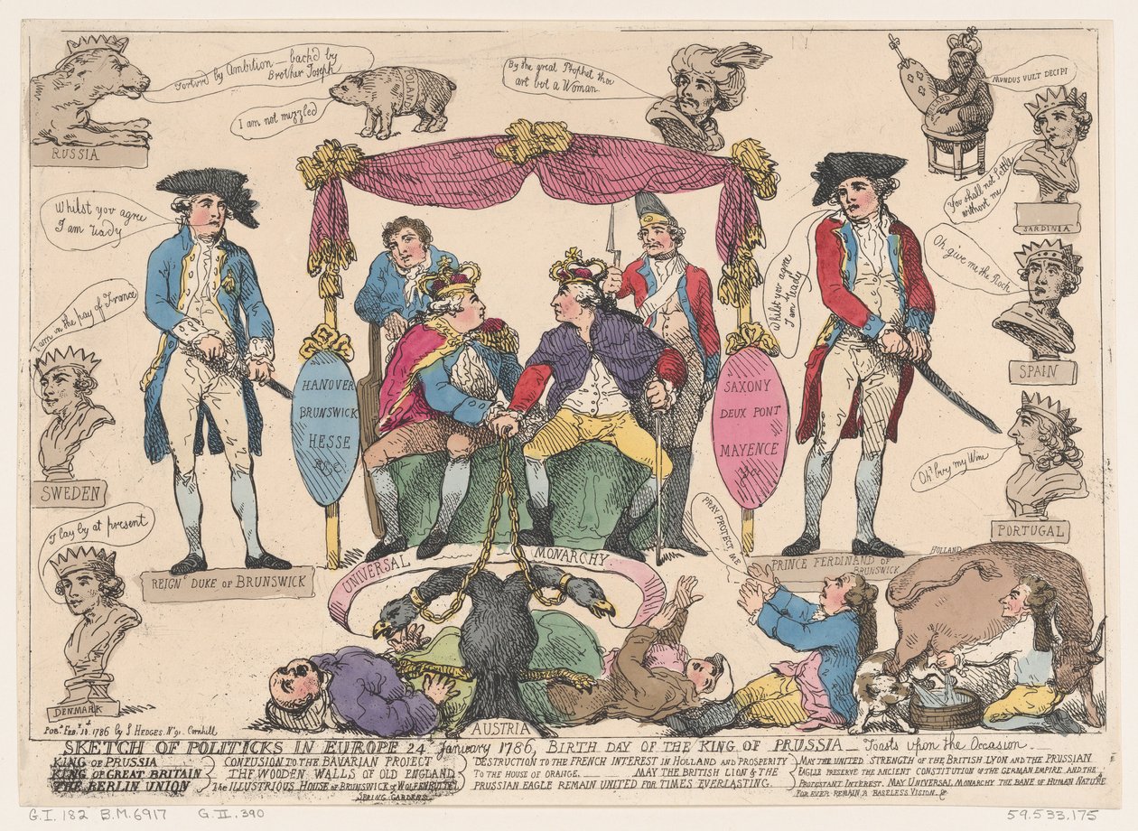 Skizze der Politik in Europa, Geburtstag des Königs von Preußen, 10. Februar 1786 von Thomas Rowlandson