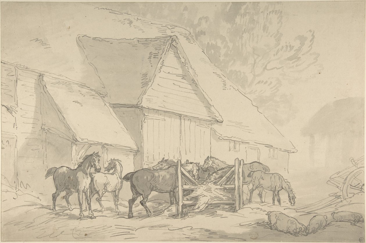 Stallhof mit Pferden von Thomas Rowlandson