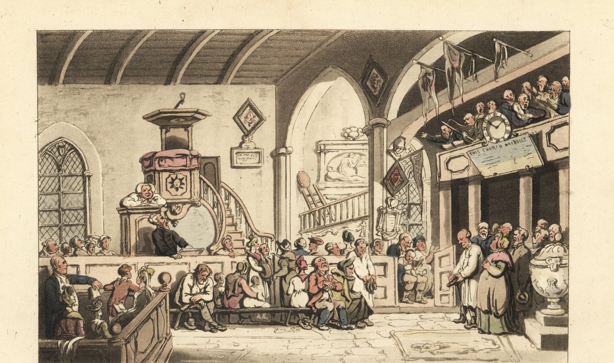 Sonntagsgottesdienst in einer Landkirche, Regency-Ära von Thomas Rowlandson
