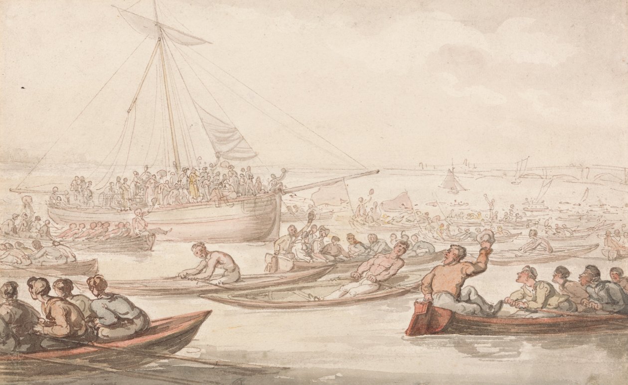 Das jährliche Ruderrennen um Doggetts Mantel und Abzeichen von Thomas Rowlandson