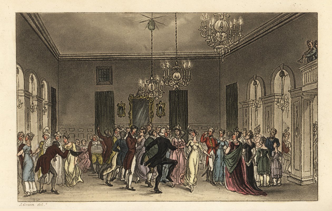 Der Ballsaal: modische Touristen tanzen in den Assembly Rooms von Scarborough. Jeder Herr, der tanzt, zahlt 2 Schilling, und jede Dame, die Tee trinkt, zahlt 1 Schilling. Handkolorierte Kupferstichgravur von Thomas Rowlandson nach einer Skizze von J. Green von Thomas Rowlandson