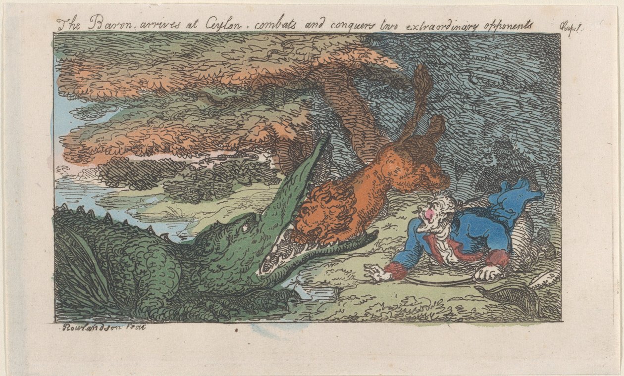 Der Baron kommt in Ceylon an, kämpft und besiegt zwei außergewöhnliche Gegner von Thomas Rowlandson