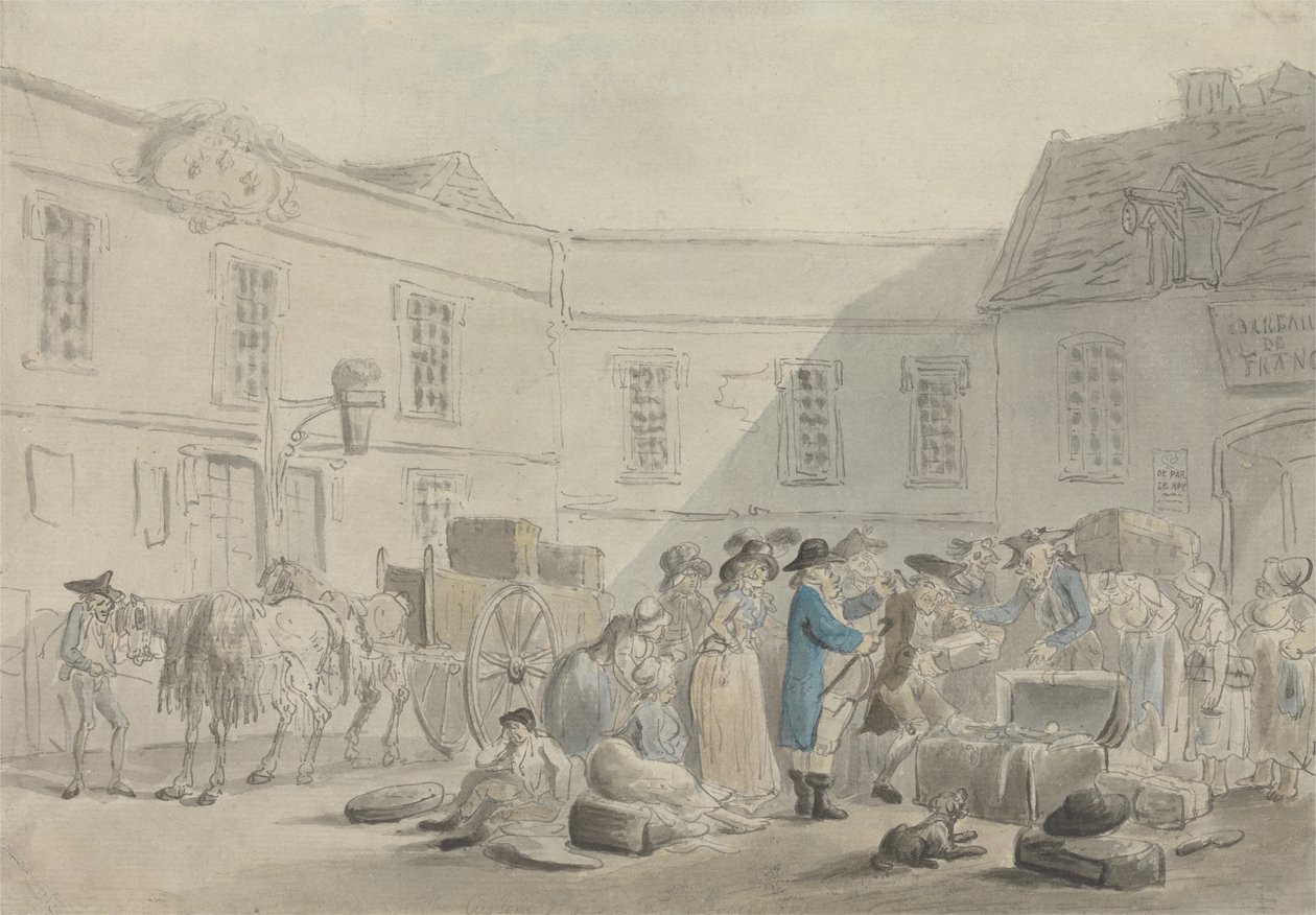Das Zollhaus in Boulogne - verso: Graphitskizze von Pferden, Kutschen und Gebäuden von Thomas Rowlandson