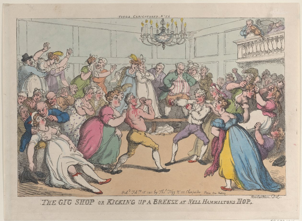 Der Gig Shop oder Kicking Up a Breeze at Nell Hammiltons Hop, 16. Februar 1811 von Thomas Rowlandson