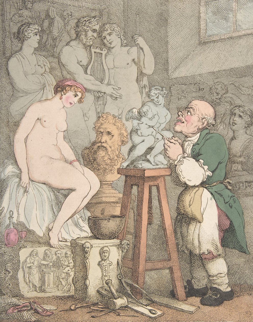 Der Bildhauer (Vorbereitungen für die Akademie, alter Joseph Nollekens und seine Venus) von Thomas Rowlandson