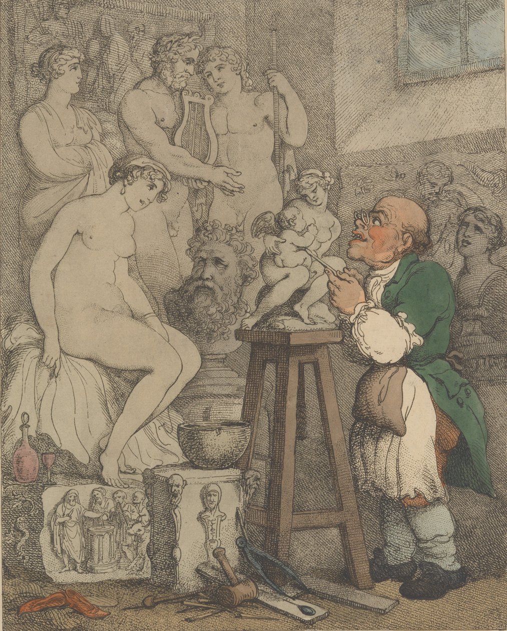 Der Bildhauer [Vorbereitungen für die Akademie, Alter Joseph Nollekens und seine Venus], ca. 1800 von Thomas Rowlandson