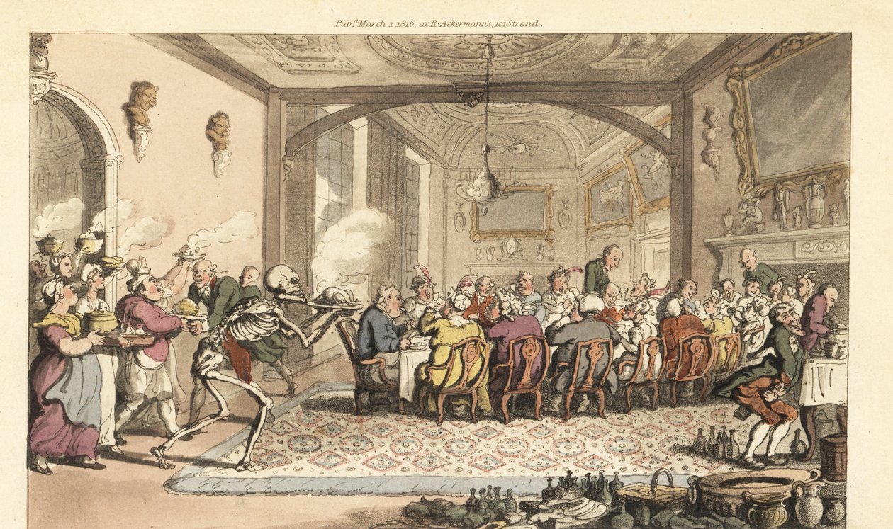 Der Skeletttod bringt ein tödliches Leckerbissen zu einem gefräßigen Fest in einer großen Halle. Handkolorierte Kupferplatte gezeichnet und graviert von Thomas Rowlandson aus The English Dance of Death, Ackermann, London von Thomas Rowlandson