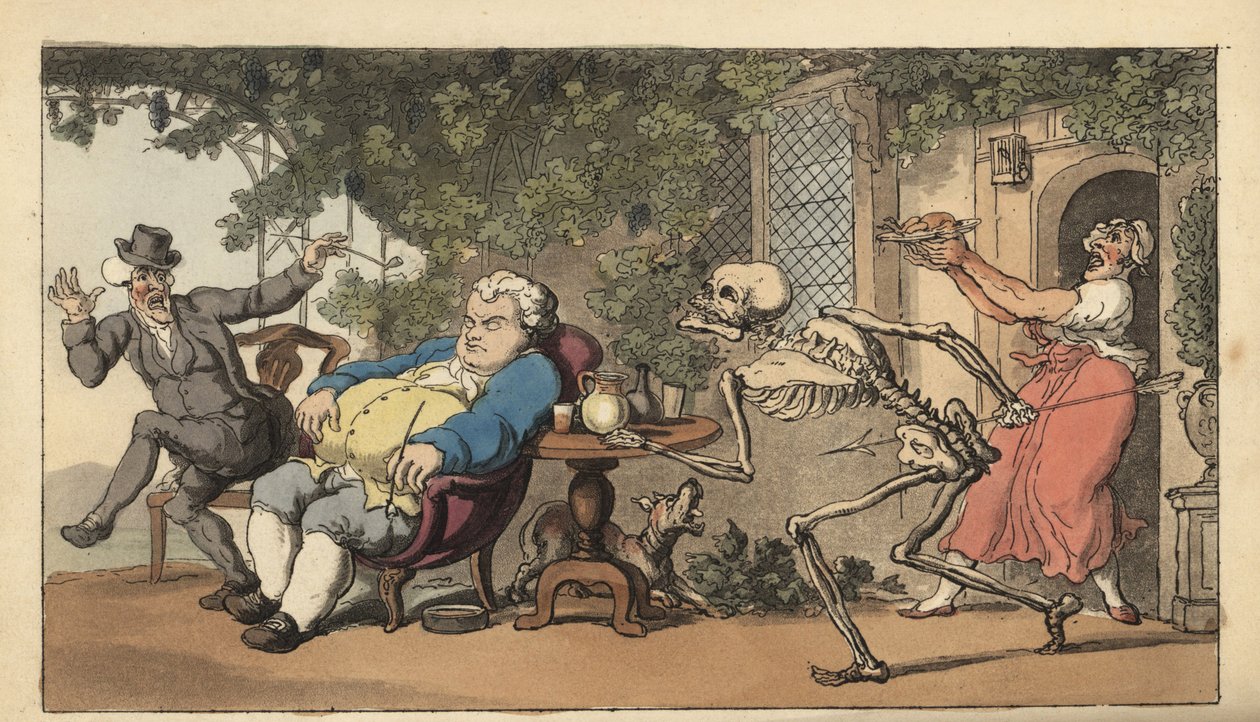 Der Tod kommt für Tom Higgins, einen Maurerjungen, der vor einem Gasthaus auf ein Gericht wartet. Handkolorierte Kupferplatte, gezeichnet und graviert von Thomas Rowlandson aus The English Dance of Death, Ackermann, London von Thomas Rowlandson