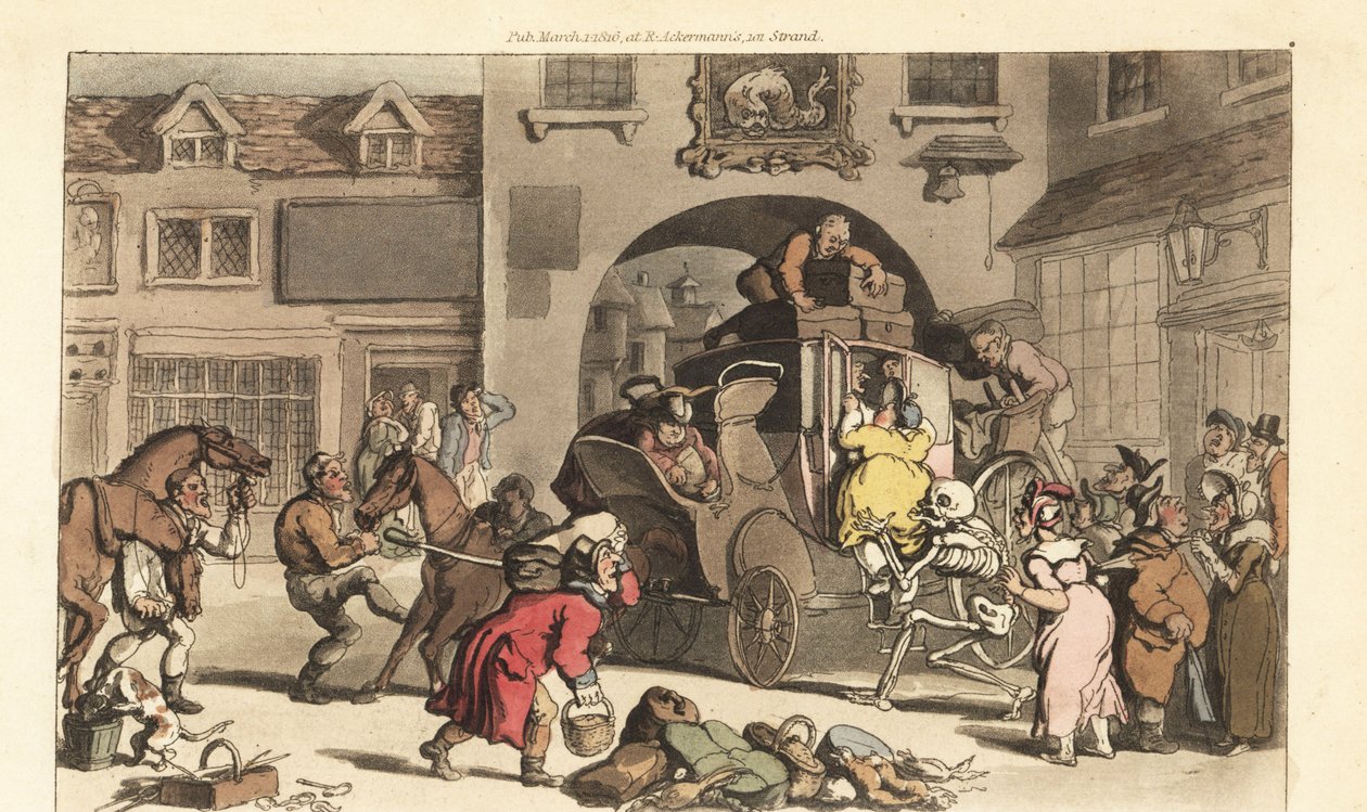Der Skeletttod hilft einer großen Matrone auf die tödliche letzte Bühne. Handkolorierte Kupferplatte gezeichnet und graviert von Thomas Rowlandson aus The English Dance of Death, Ackermann, London von Thomas Rowlandson