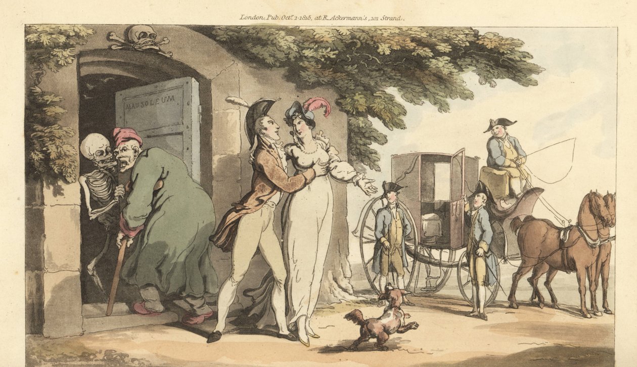 Der Skelett des Todes führt einen alten Mann in ein Mausoleum, während seine junge Witwe frei ist, wieder zu heiraten. Handkolorierte Kupferplatte gezeichnet und graviert von Thomas Rowlandson aus The English Dance of Death, Ackermann, London von Thomas Rowlandson