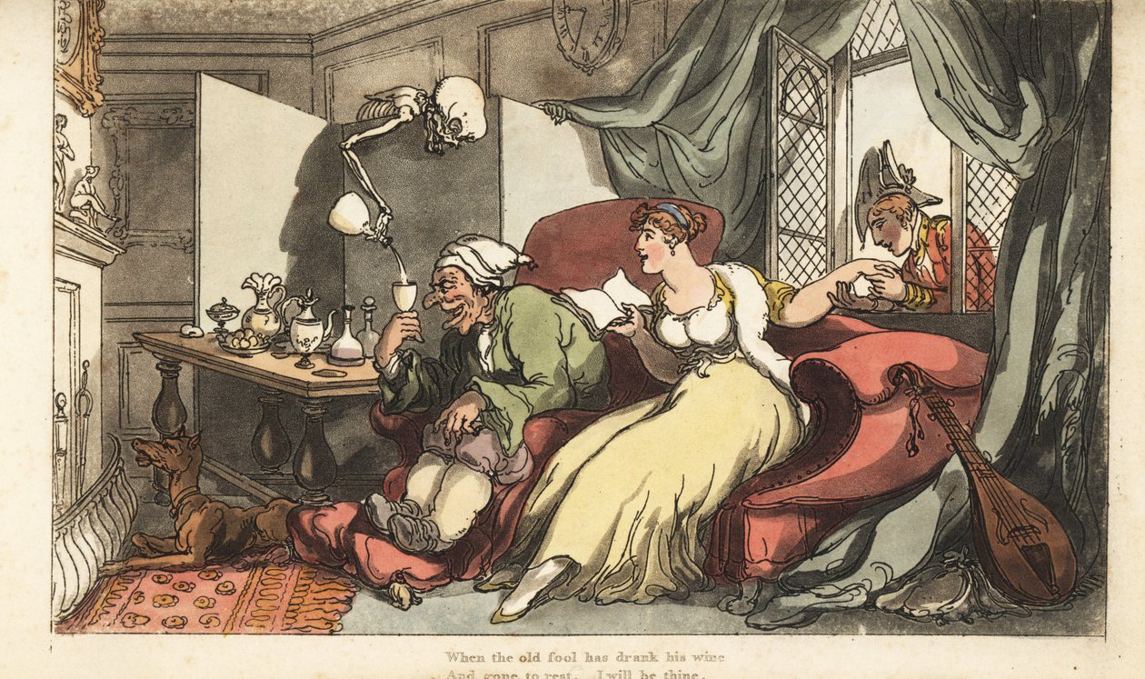 Der Skelett des Todes schenkt ein tödliches Glas Wein für den alten Narren Sir Peter auf seiner Hochzeitsreise ein, während seine junge Frau Julia mit Major Henry am Fenster flirtet. Handkolorierte Kupferplatte gezeichnet und graviert von Thomas Rowlandson von Thomas Rowlandson