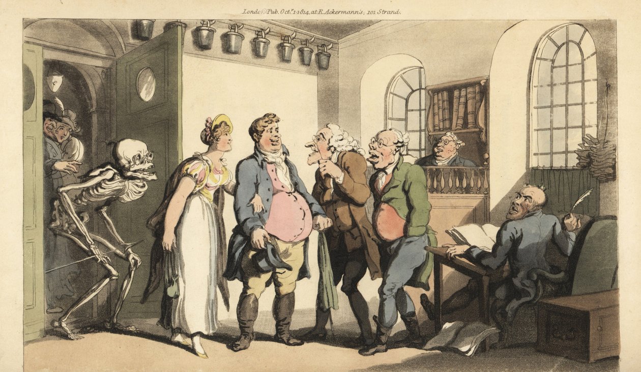 Der Skeletttod überrascht Ned Freeman, als er das Versicherungsbüro besucht und hinterlässt seiner Witwe eine riesige Summe. Handkolorierte Kupferplatte gezeichnet und graviert von Thomas Rowlandson aus The English Dance of Death, Ackermann, London von Thomas Rowlandson