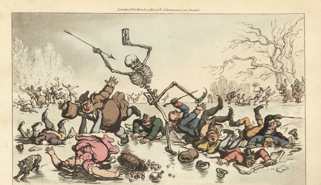 Das Skelett des Todes mit Pfeil und Sanduhr, das auf einem zugefrorenen Teich Schlittschuh läuft, während andere Schlittschuhläufer durch das gebrochene Eis fallen. Handkolorierte Kupferstichzeichnung und -gravur von Thomas Rowlandson aus The English Dance von Thomas Rowlandson