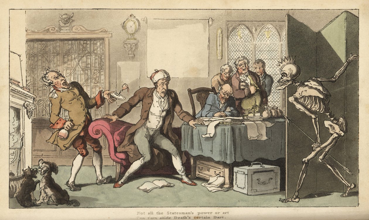 Der Staatsmann in seinem Büro wird von der skelettierten Figur des Todes mit seiner Krone und seinem Pfeil überrascht, die hinter einem Bildschirm hervorkommt. Handkolorierter Kupferstich von Thomas Rowlandson aus The English Dance of Death, Ackermann, Lon von Thomas Rowlandson