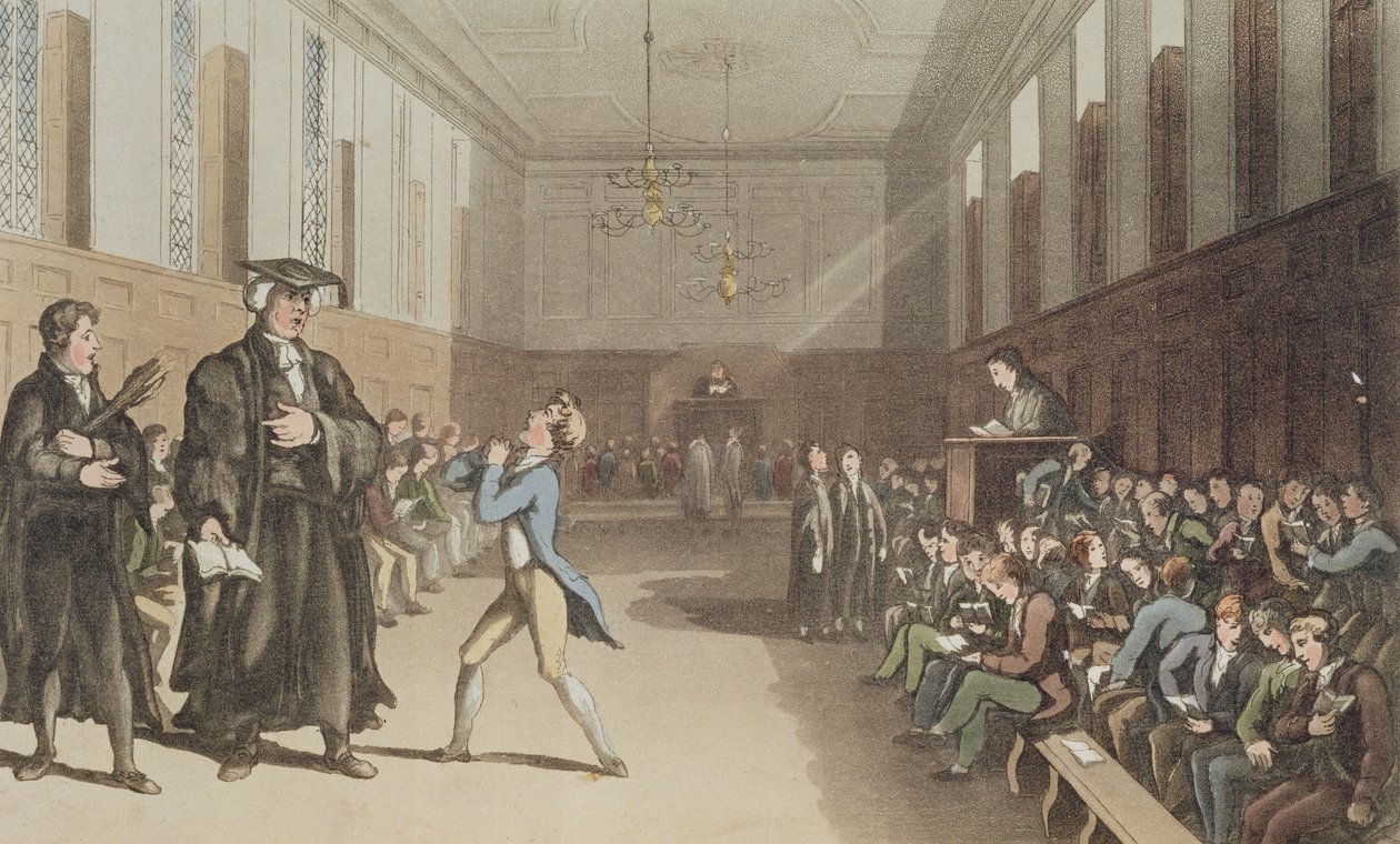 Der strenge Lehrer, mit seinem drohenden Nicken, ruft die weise Korrektur der Rute herbei, aus A Compendious Treatise on Modern Education, 1802 (handkolorierte Radierung) von Thomas Rowlandson