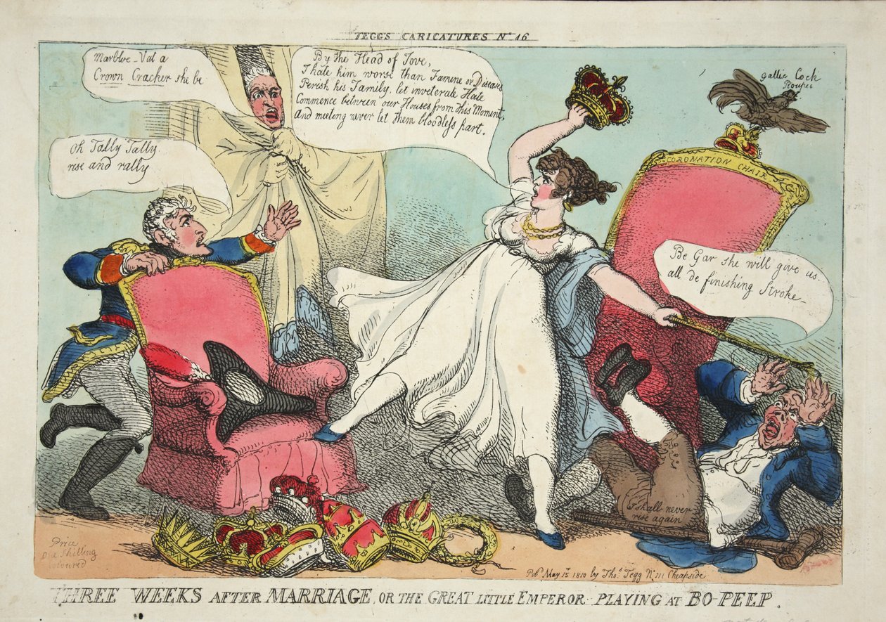 Drei Wochen nach der Hochzeit oder der große kleine Kaiser spielt Verstecken, veröffentlicht 1810 (handkolorierte Gravur) von Thomas Rowlandson
