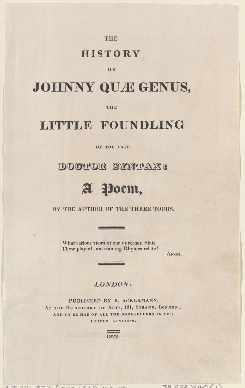 Titelseite, aus Die Geschichte von Johnny Quae Genus, Der kleine Findling des verstorbenen Doktors..., 1822 von Thomas Rowlandson