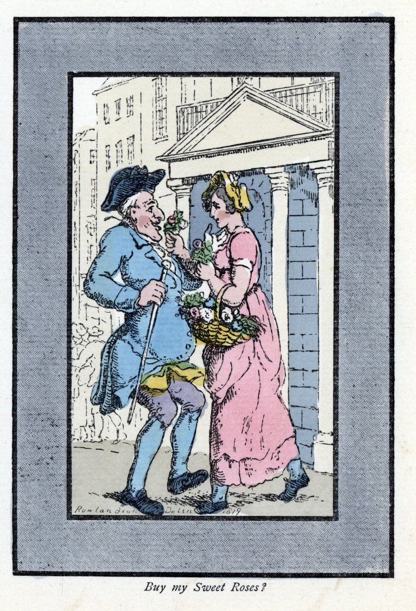 Blumenverkäuferin, die einem lächelnden Herrn ein kleines Rosenbouquet anbietet (Holzstich nach einem Gemälde von Thomas Rowlandson, veröffentlicht in „The Cries of London“) von Thomas Rowlandson