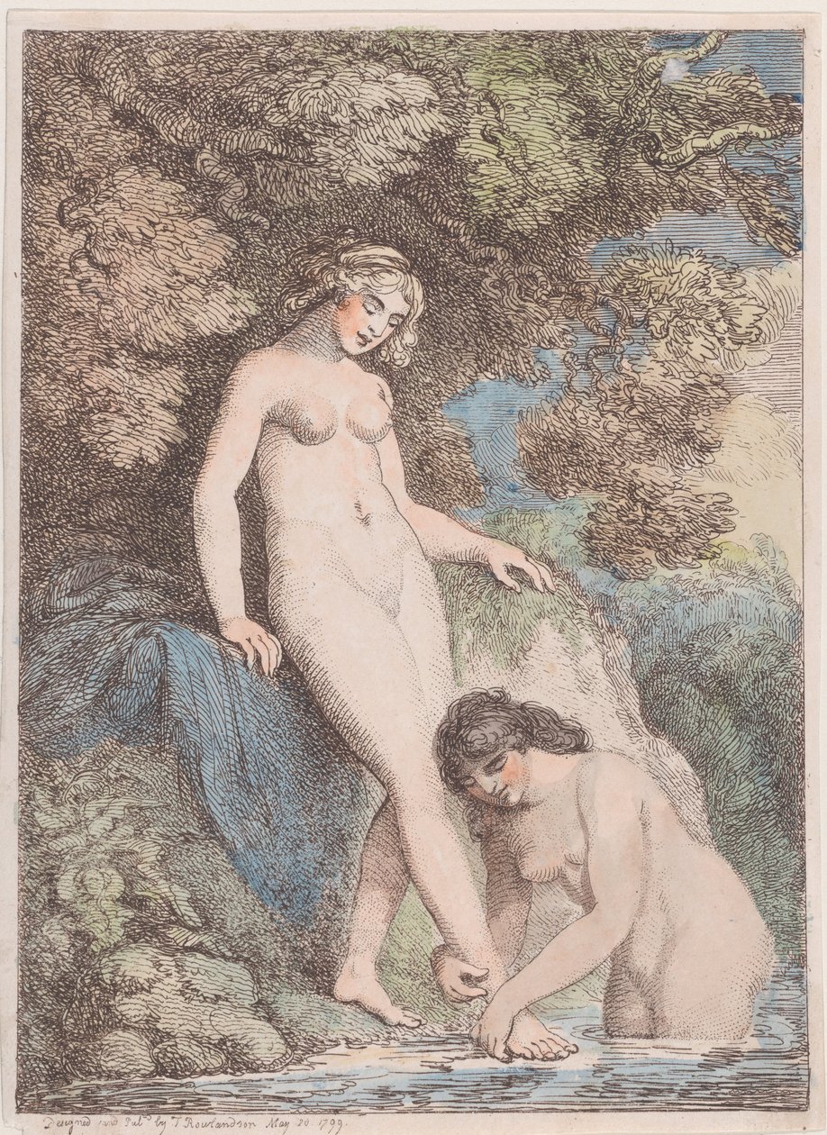 Zwei Nymphen baden, eine wäscht der anderen den Fuß, 20. Mai 1799 von Thomas Rowlandson