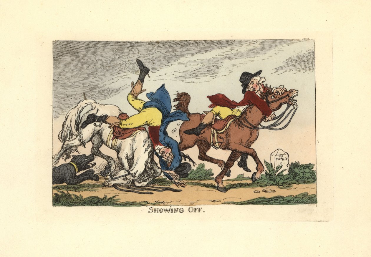 Zwei Männer fallen von ihren Pferden nach dem Angeben von Thomas Rowlandson