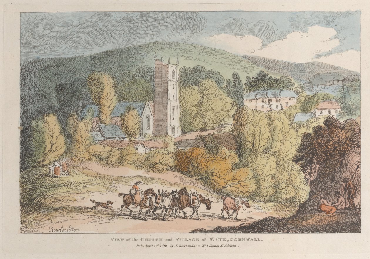 Ansicht der Kirche und des Dorfes St. Cue, Cornwall, aus Ansichten in Cornwall von Thomas Rowlandson