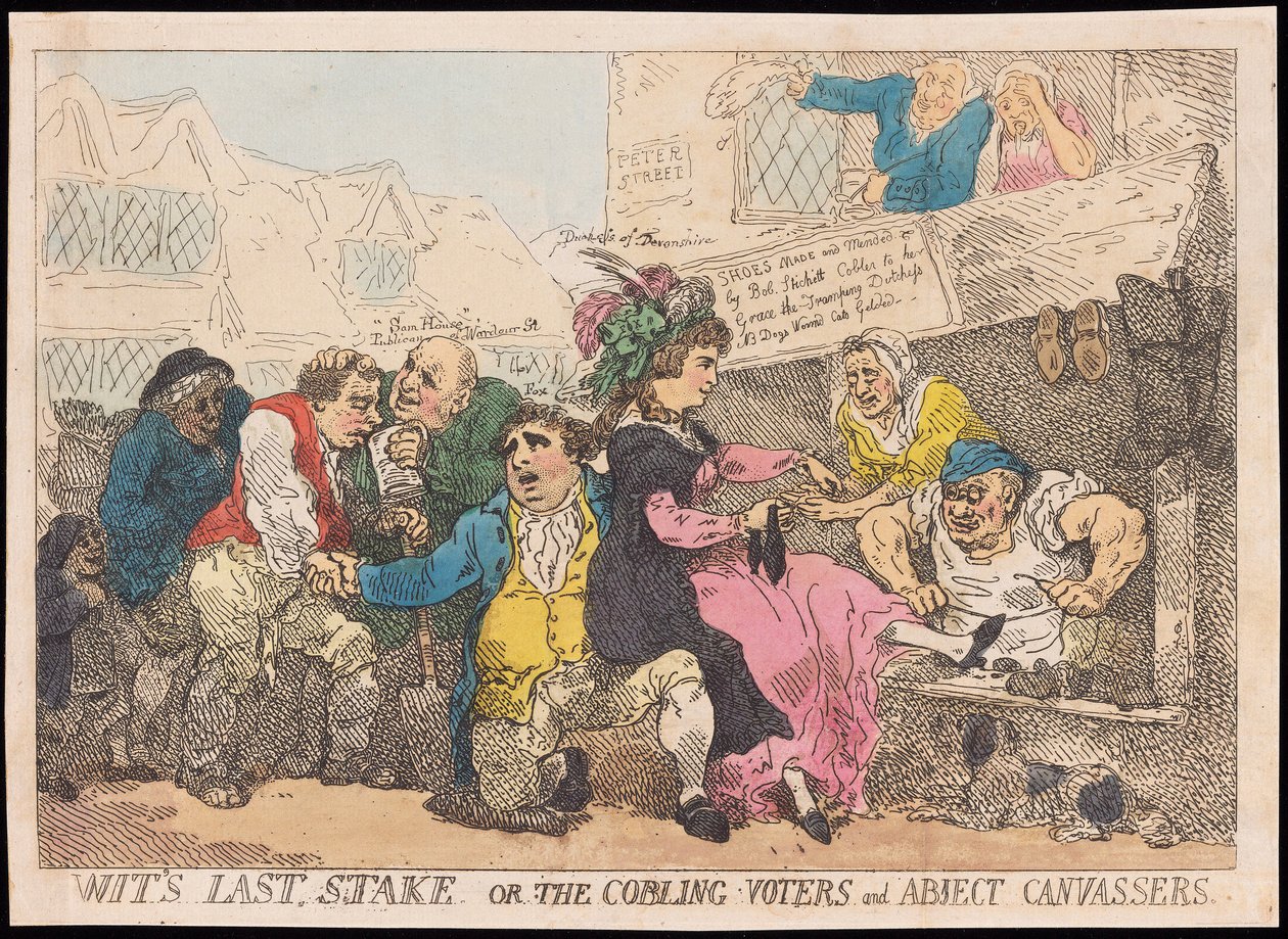 Wits letzter Einsatz oder die Wähler und erbärmlichen Wahlkämpfer, veröffentlicht (handkolorierter Stich) von Thomas Rowlandson