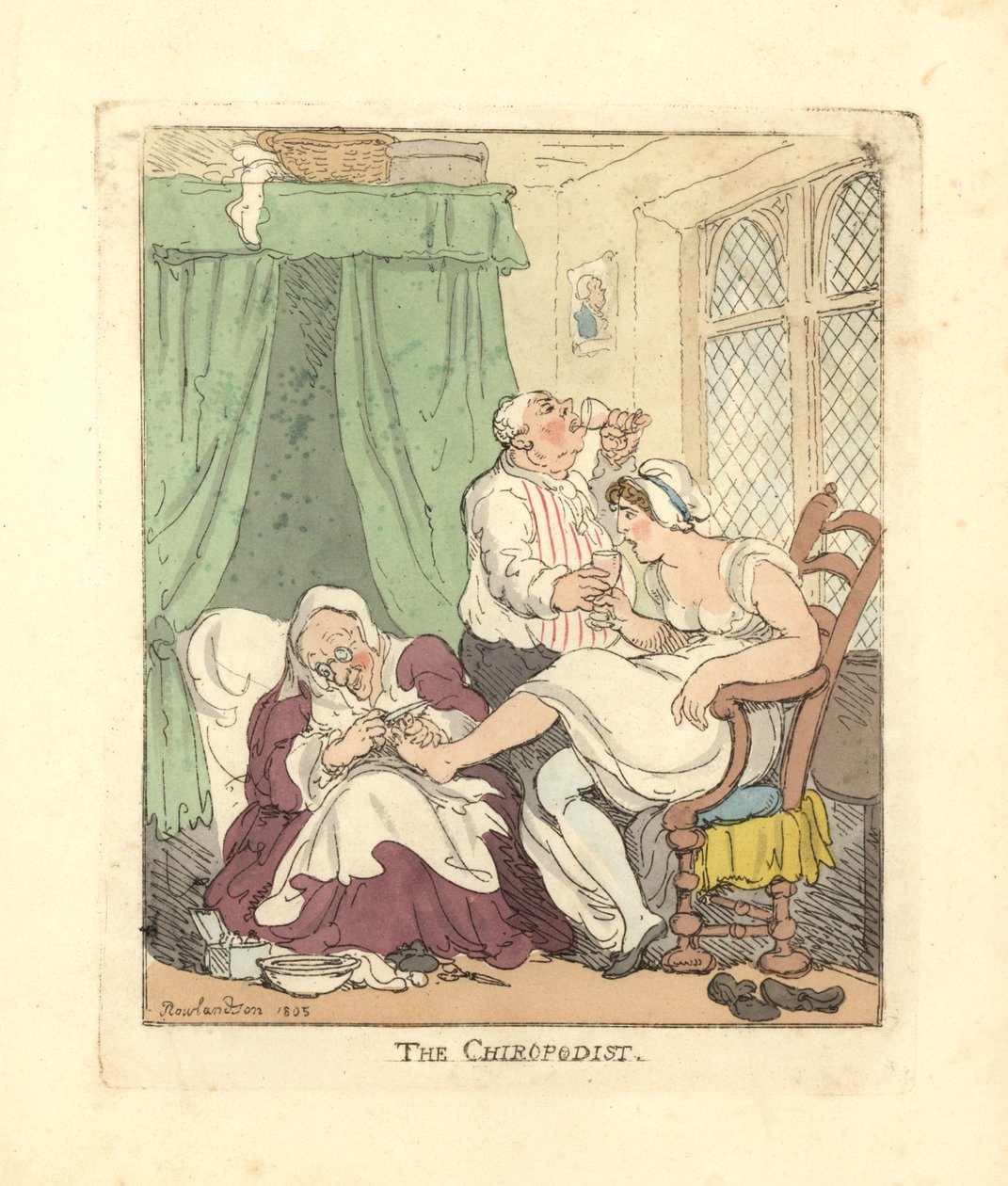 Frau lässt sich schmerzhaft von einem Fußpfleger behandeln von Thomas Rowlandson