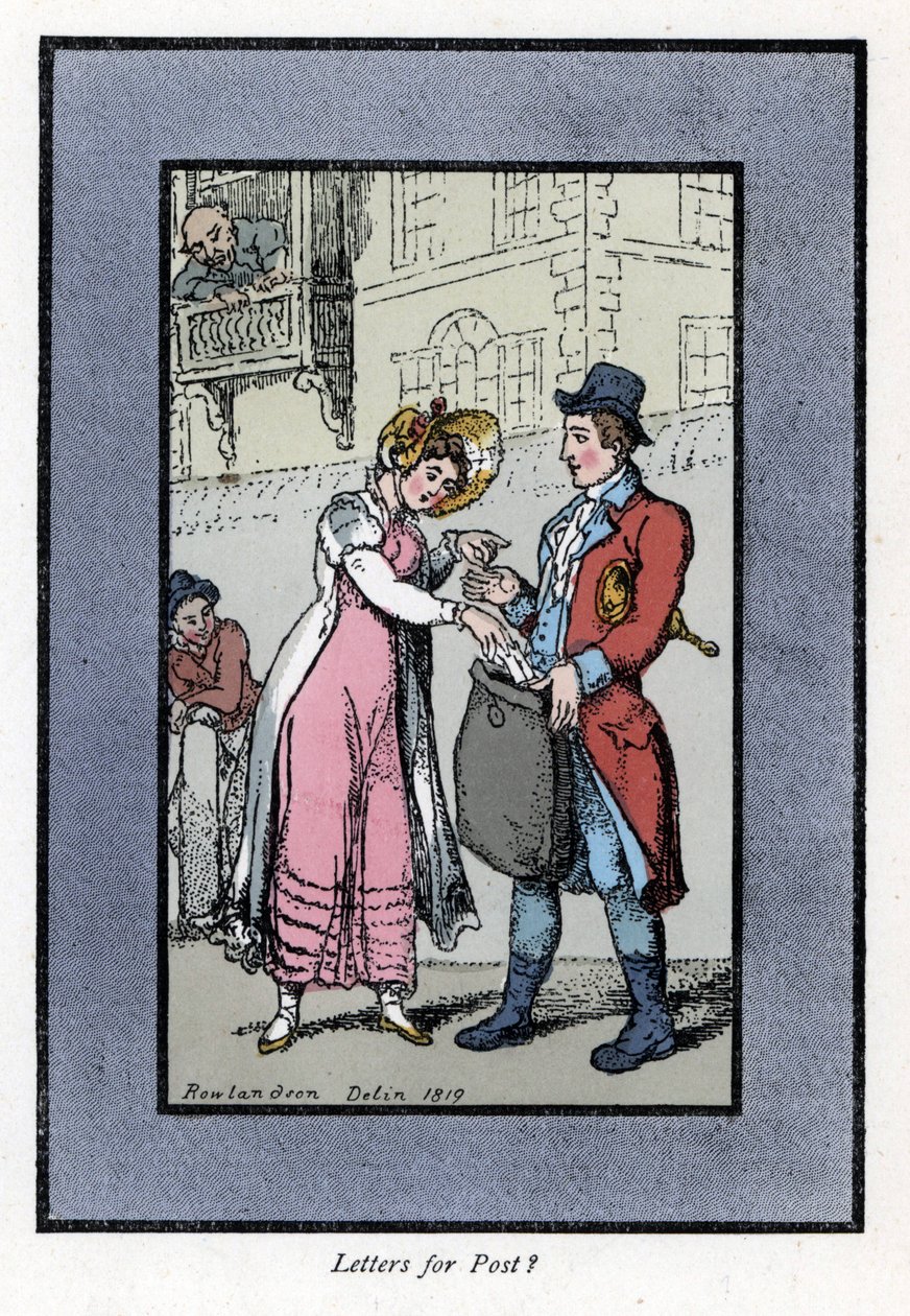 Frau bezahlt und steckt einen Brief in eine Tasche, die von einem Mitarbeiter der britischen Royal Post Office getragen wird. Holzstich, basierend auf einem Gemälde von Thomas Rowlandson (1756-1827), veröffentlicht in The Cris of London. von Thomas Rowlandson