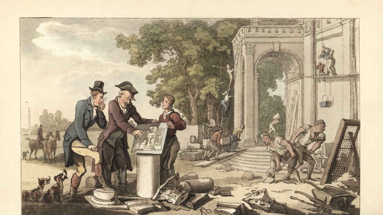 Junger englischer Gentleman baut ein herrschaftliches Haus von Thomas Rowlandson