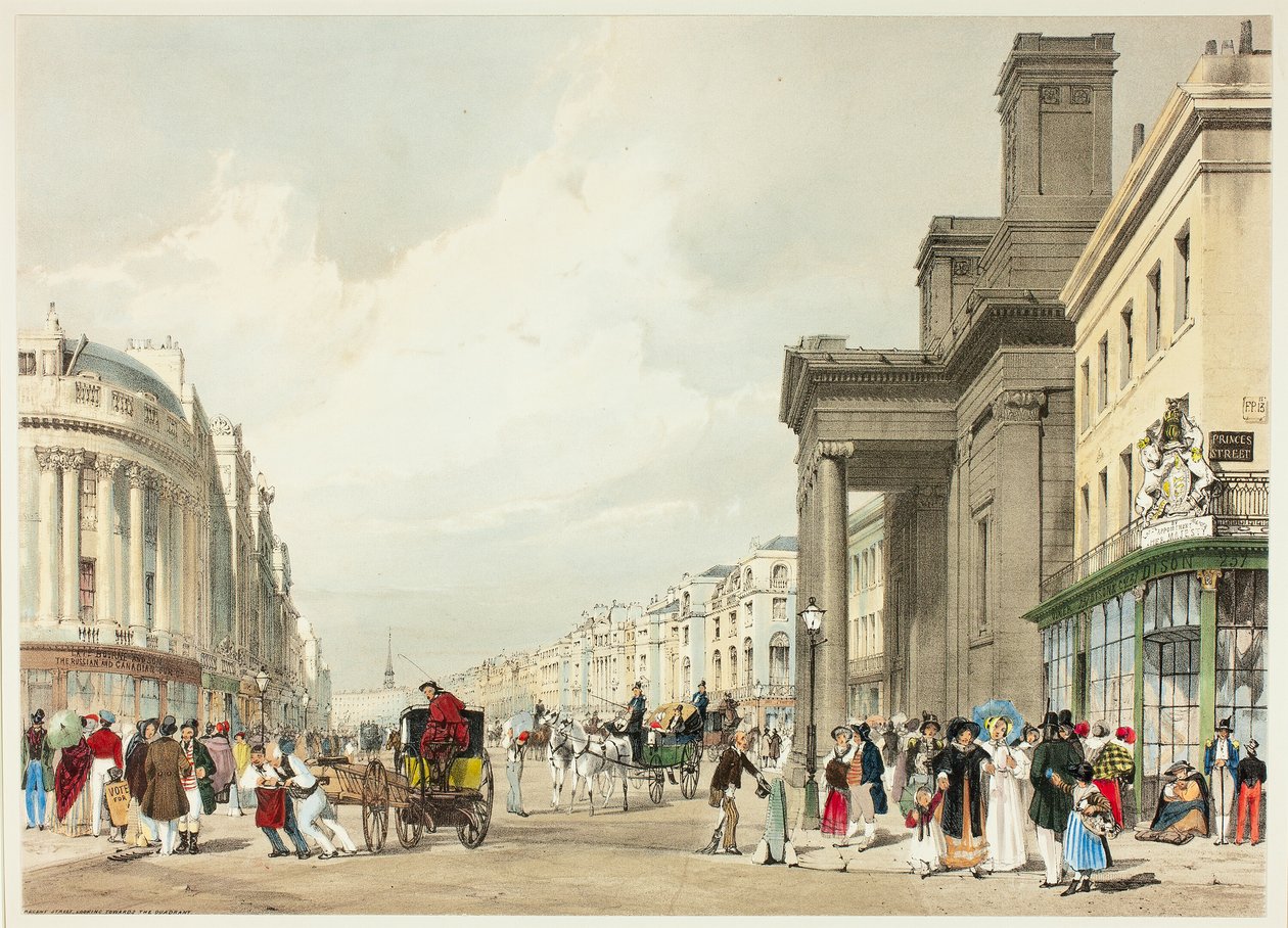 Regent Street in Richtung Quadrant, Platte achtzehn aus Originalansichten von London wie es ist von Thomas Shotter Boys