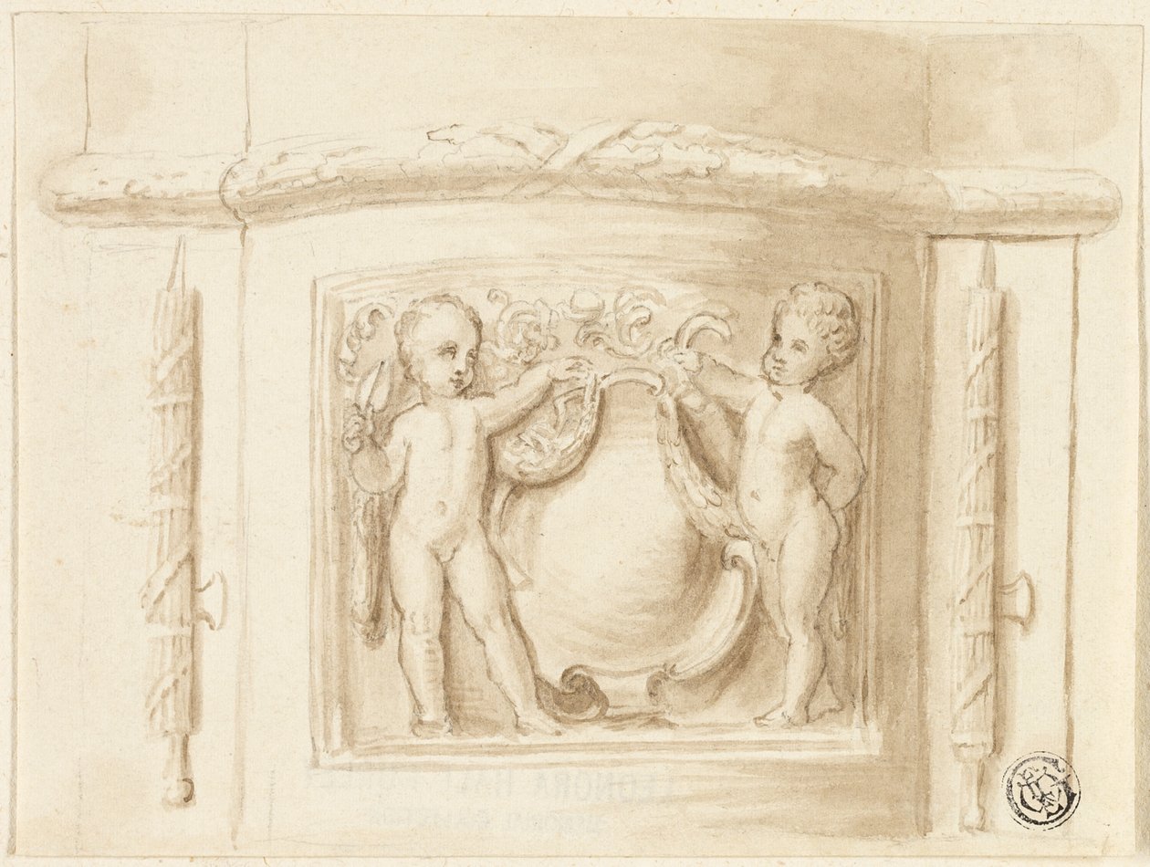 Basis eines Pilasters mit Relief, mit 2 Putti, Schild von Thomas Stothard